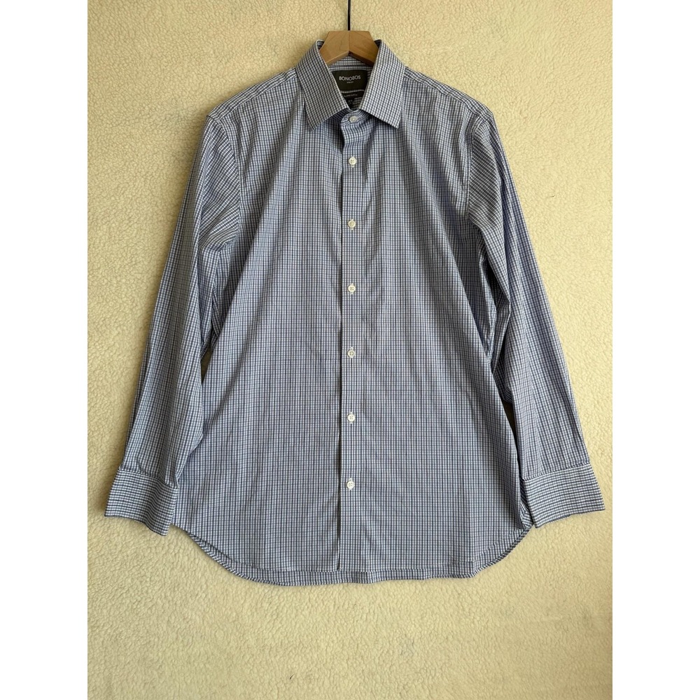Bonobos Dress Shirt Mens 16.5 34/35 Blue Check Tailored Slim Fit Stretch LS